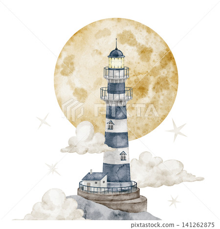 Lighthouse with full moon, clouds and stars watercolor illustration. Isolated Beacon in the sky. Fantasy celestial maritime composition for nursery poster and childish storybook. Art with tower. 141262875