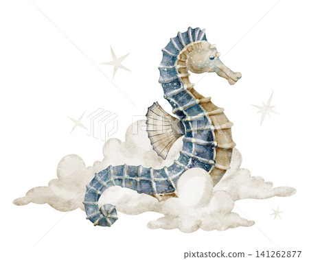 Seahorse with clouds and stars watercolor illustration. Animal in sky on isolated background. Fantasy marine creature for nursery poster and ocean baby storybook. Art for childish design. Seahorse with clouds and stars watercolor illustration. Animal in sky on isolated background. Fantasy marine creature for nursery poster and ocean baby storybook. Art for childish design. 141262877