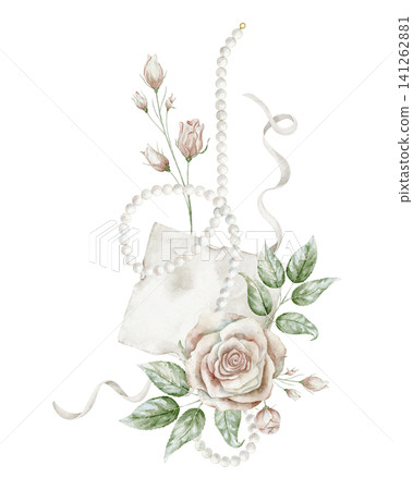 Watercolor floral tag and roses botanical composition. illustration of elegant vintage arrangement with decorative flowers and ribbon for stationery and wedding invitations. Art on isolated background Watercolor floral tag and roses botanical composition. illustration of elegant vintage arrangement with decorative flowers and ribbon for stationery and wedding invitations. Art on isolated background 141262881