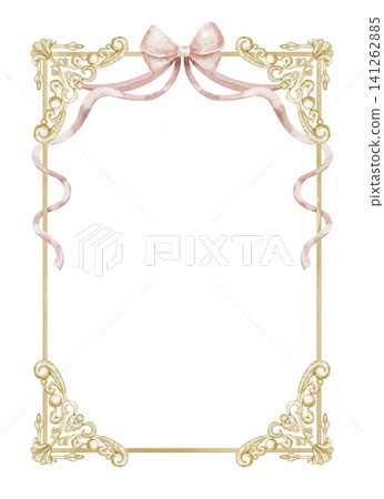 Watercolor wrought iron frame with pink ribbon border. Illustration of golden border for wedding invitations, stationery and feminine branding projects. Template for greeting cards. Watercolor wrought iron frame with pink ribbon border. Illustration of golden border for wedding invitations, stationery and feminine branding projects. Template for greeting cards. 141262885