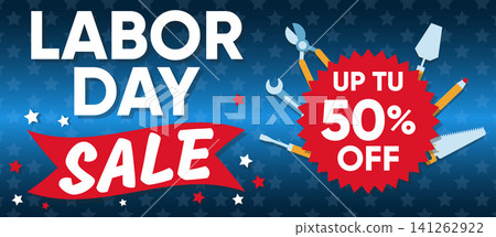 Patriotic Labor Day sale banner featuring American style background, construction tools, and bold typography, highlighting a fifty percent discount offer, ideal for retail stores to attract customers Patriotic Labor Day sale banner featuring American style background, construction tools, and bold typography, highlighting a fifty percent discount offer, ideal for retail stores to attract customers 141262922