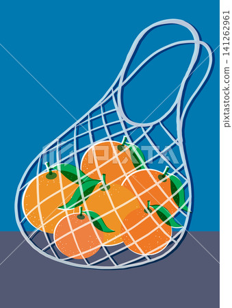 Risograph Style Vector Illustration of Fresh Oranges in Reusable Net Bag Risograph Style Vector Illustration of Fresh Oranges in Reusable Net Bag 141262961