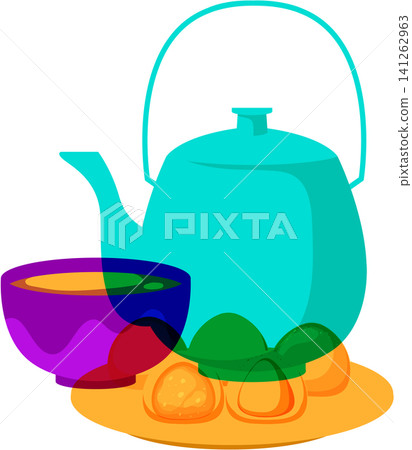 Teapot and Bowl with Traditional Snacks in Risograph Style Illustration Teapot and Bowl with Traditional Snacks in Risograph Style Illustration 141262963
