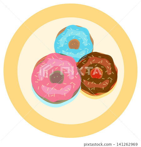 Overhead View of Three Frosted Donuts on a Round Plate Overhead View of Three Frosted Donuts on a Round Plate 141262969