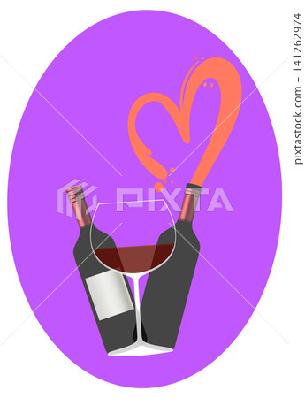 Risograph Style Wine Bottles and Glass with Heart Shaped Pour Risograph Style Wine Bottles and Glass with Heart Shaped Pour 141262974