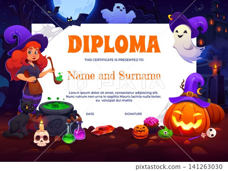 Halloween holiday kids diploma with witch, smiling ghost and black cat, vector bubbling cauldron and glowing jack o lantern. Kids diploma with spooky magic potion decorated with bats and skull candle Halloween holiday kids diploma with witch, smiling ghost and black cat, vector bubbling cauldron and glowing jack o lantern. Kids diploma with spooky magic potion decorated with bats and skull candle 141263030