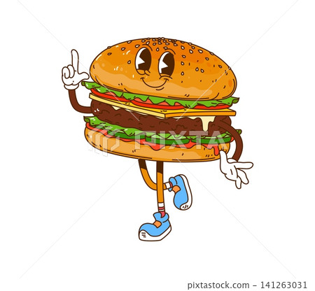 Cartoon groovy barbecue and grill BBQ hamburger character. Barbecue meal groovy vector character. BBQ hamburger with sesame, grounded meat, cheddar cheese, tomatoes and salad happy smiling burger 141263031
