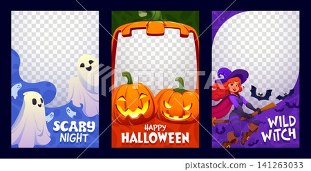 Halloween photo frames and social media post templates with transparent space decorated by cartoon ghosts, glowing jack o lantern pumpkins and flying witch with bats. Halloween holiday vector frames Halloween photo frames and social media post templates with transparent space decorated by cartoon ghosts, glowing jack o lantern pumpkins and flying witch with bats. Halloween holiday vector frames 141263033