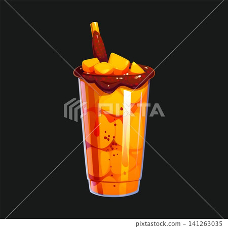 Mangonada Mexican mango chamoy smoothie drink or Mangoneada and Chamoyada. Mexican mango fruit beverage with tamarind sweet candy drinking straw and mango pieces for Mangonada or raspado dessert drink Mangonada Mexican mango chamoy smoothie drink or Mangoneada and Chamoyada. Mexican mango fruit beverage with tamarind sweet candy drinking straw and mango pieces for Mangonada or raspado dessert drink 141263035