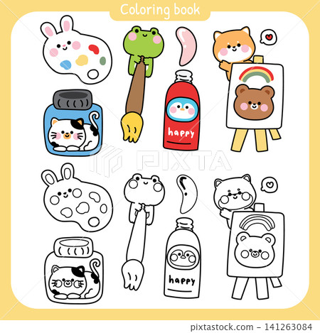 Coloring book.Set of cute animals cartoon in stationery art.Paiting.Drawn.Brush.Color.Rabbit 141263084