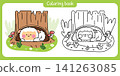 Coloring book.Cute sheep smile sleep in cavity tree.Farm animal character cartoon 141263085