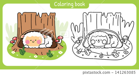 Coloring book.Cute sheep smile sleep in cavity tree.Farm animal character cartoon Coloring book.Cute sheep smile sleep in cavity tree.Farm animal character cartoon 141263085