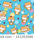 Seamless pattern of cute shiba inu dog with cherry ice cream cone various poses and feeling background 141263086