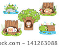 Set of cute cartoon animals living in tree stumps and wooden hollow logs 141263088