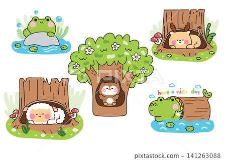 Set of cute cartoon animals living in tree stumps and wooden hollow logs Set of cute cartoon animals living in tree stumps and wooden hollow logs 141263088