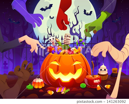 Halloween bucket Jack o lantern pumpkin with trick or treat candies, lollipops, chocolate and candy gummy worms surrounded by mummy, vampire and monsters hands. Halloween bucket vector poster Halloween bucket Jack o lantern pumpkin with trick or treat candies, lollipops, chocolate and candy gummy worms surrounded by mummy, vampire and monsters hands. Halloween bucket vector poster 141263092