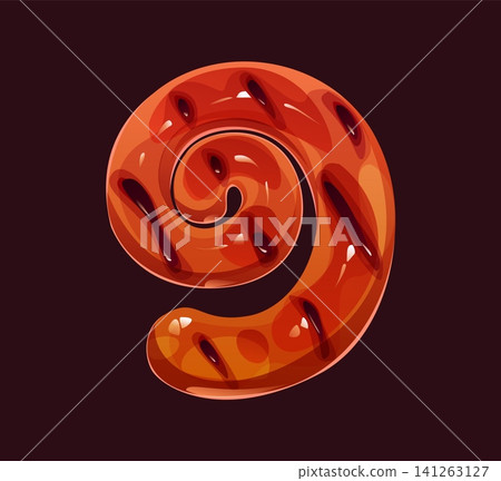 Cartoon barbecue font, BBQ grilled sausage 9 nine number typeface, barbeque ABC English type alphabet digit. Barbeque typeface vector figure, BBQ type number. Cooked on grill pork sausage font digit Cartoon barbecue font, BBQ grilled sausage 9 nine number typeface, barbeque ABC English type alphabet digit. Barbeque typeface vector figure, BBQ type number. Cooked on grill pork sausage font digit 141263127