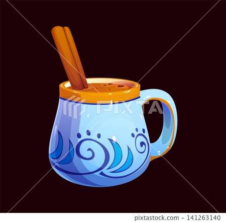 Mexican traditional chocolate drink Champurrado, sweet dessert beverage of Mexico cuisine. Champurrado chocolate drink with cinnamon sticks in porcelain blue mug or ceramic cup with floral ornament Mexican traditional chocolate drink Champurrado, sweet dessert beverage of Mexico cuisine. Champurrado chocolate drink with cinnamon sticks in porcelain blue mug or ceramic cup with floral ornament 141263140