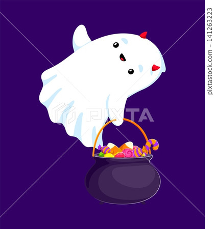Cute kawaii Halloween ghost with small red horns. Cartoon cauldron with jelly worms, candy canes, candy corns and lollipops. Funny vector character for trick or treat holiday party Cute kawaii Halloween ghost with small red horns. Cartoon cauldron with jelly worms, candy canes, candy corns and lollipops. Funny vector character for trick or treat holiday party 141263223