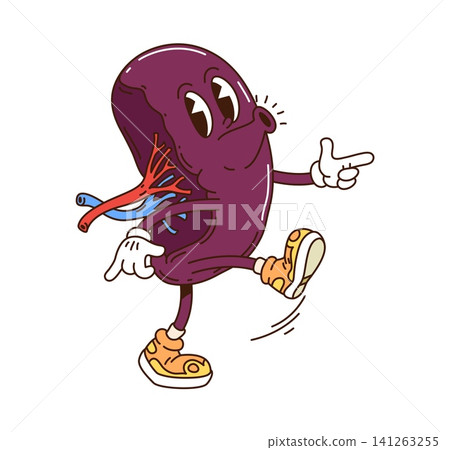 Groovy cartoon kidney character for medicine and health care funny personage. Y2K groovy kidney or spleen with funky face walking whistling song melody in good mood for healthcare body organ character Groovy cartoon kidney character for medicine and health care funny personage. Y2K groovy kidney or spleen with funky face walking whistling song melody in good mood for healthcare body organ character 141263255