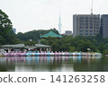 Summer in Ueno Park: Swan boats lined up on Shinobazu Pond, Bentendo Temple, and Tokyo Skytree. 141263258