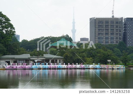 上野公園的夏日:天鵝船在不忍池上排列,弁天堂寺和東京晴空塔近在咫尺。 上野公園的夏日:天鵝船在不忍池上排列,弁天堂寺和東京晴空塔近在咫尺。 141263258