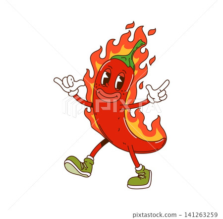 Groovy chili pepper with fire flames and funny funky face for cartoon character. Groovy chili pepper with spicy hot burning fire and freaky trippy smile for Y2K fast food cuisine cartoon character Groovy chili pepper with fire flames and funny funky face for cartoon character. Groovy chili pepper with spicy hot burning fire and freaky trippy smile for Y2K fast food cuisine cartoon character 141263259