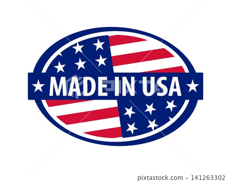 Made in USA badge and American flag for label stamp icon for quality production symbol. Made in USA badge with flag and stars of United States of America for product manufactured in US label Made in USA badge and American flag for label stamp icon for quality production symbol. Made in USA badge with flag and stars of United States of America for product manufactured in US label 141263302