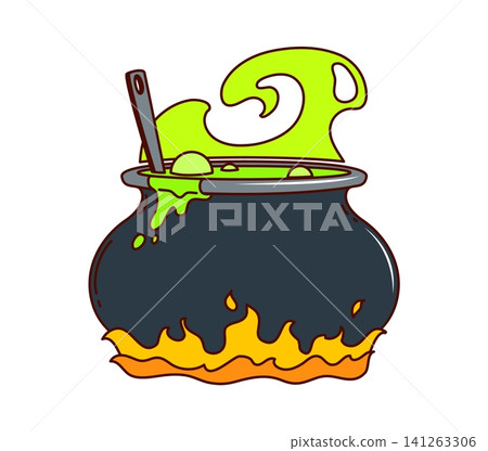 Groovy Halloween cauldron with green magic potion bubbling on fire. Funky retro witch pot with smoke and flame. Vector funny spooky holiday icon full of witchcraft and sorcery Groovy Halloween cauldron with green magic potion bubbling on fire. Funky retro witch pot with smoke and flame. Vector funny spooky holiday icon full of witchcraft and sorcery 141263306