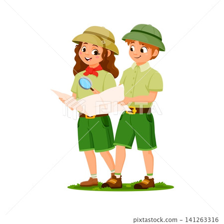 Scout kids with travel map, children boy and girl explorers cartoon characters. Scout kids with map and magnifier explore trekking to search way to find path to summer camp or tourist adventure Scout kids with travel map, children boy and girl explorers cartoon characters. Scout kids with map and magnifier explore trekking to search way to find path to summer camp or tourist adventure 141263316