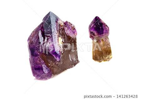 Macro Mineral Stone Amethyst together smoky quartz, rauchtopaz on a white background Macro Mineral Stone Amethyst together smoky quartz, rauchtopaz on a white background 141263428
