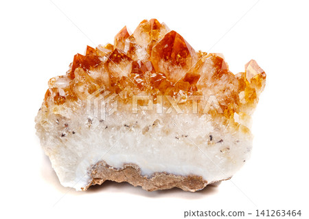 Macro mineral stone Citrine in rock in crystals on a white background Macro mineral stone Citrine in rock in crystals on a white background 141263464
