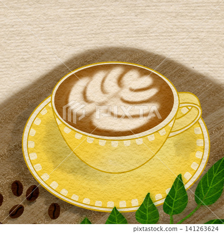 A hand-drawn style illustration of a yellow cup, latte art, coffee beans, and leaves. 141263624