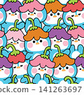 Repeat.Seamless pattern of cute penguin wear flower hat in various poses and feeling 141263697