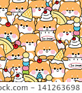 Repeat.Seamless pattern of cute shiba inu dog with cherry ice cream cone various poses and feeling 141263698