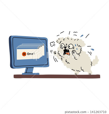 Panicked Fluffy Dog with Computer Error Illustration Panicked Fluffy Dog with Computer Error Illustration 141263710
