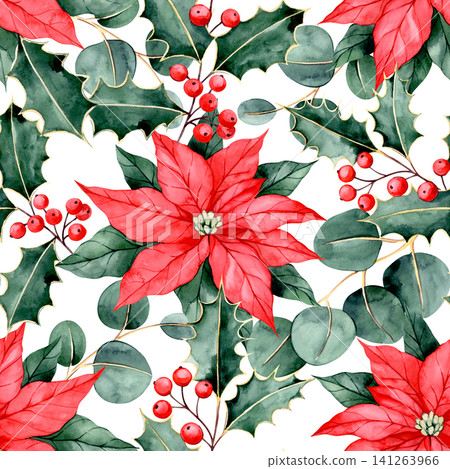 Christmas pattern of red flowers, holly leaves, and spruce branches. Watercolor retro illustration. Christmas pattern of red flowers, holly leaves, and spruce branches. Watercolor retro illustration. 141263966