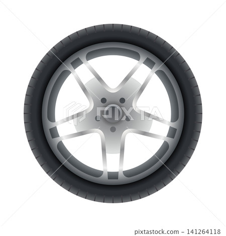 Car tire of rubber with disk. Vector realistic tire. Automobile wheel and maintenance. Truck or vehicle repairing and replacement for next season Car tire of rubber with disk. Vector realistic tire. Automobile wheel and maintenance. Truck or vehicle repairing and replacement for next season 141264118