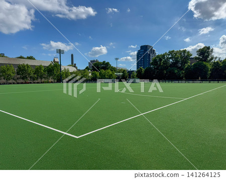 Green artificial turf soccer field with white boundary lines and goalposts visible, surrounded by trees and a clear blue sky in a recreational sports area Green artificial turf soccer field with white boundary lines and goalposts visible, surrounded by trees and a clear blue sky in a recreational sports area 141264125