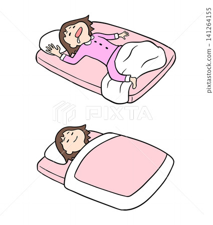一組插圖,對比了睡姿良好的女性和睡姿不良的女性的睡眠方式。 一組插圖,對比了睡姿良好的女性和睡姿不良的女性的睡眠方式。 141264155