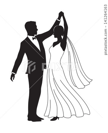 Stylized silhouette of wedding a dancing bride and groom 141264163