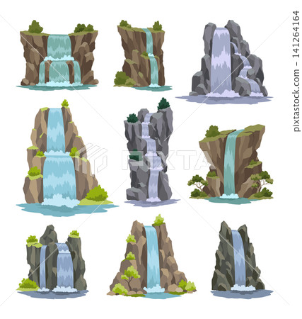 Collection of cartoon river cascade waterfalls. Landscapes with mountains and trees. Design elements for travel brochure or illustration mobile game. Fresh natural water Collection of cartoon river cascade waterfalls. Landscapes with mountains and trees. Design elements for travel brochure or illustration mobile game. Fresh natural water 141264164