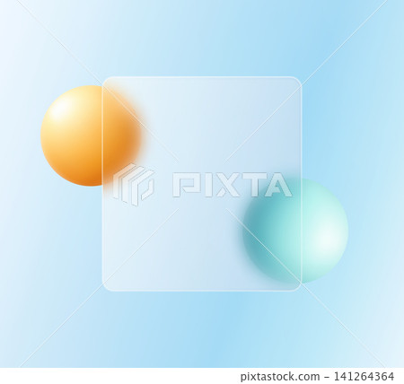 Glassmorphism vector background with square frosted glass frame and 3d realistic spheres. Glassmorphism vector background with square frosted glass frame and 3d realistic spheres. 141264364