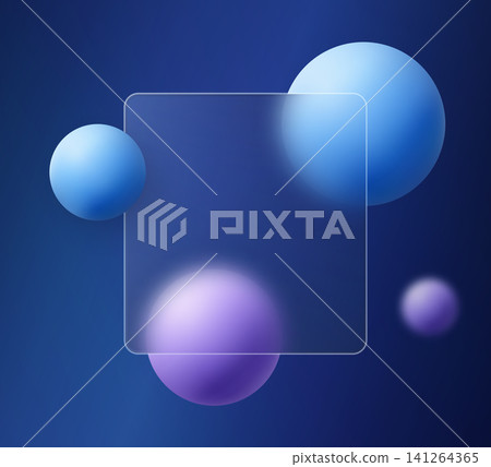 Abstract geometric vector background featuring a square frosted glass plate with realistic blur effect and blue and purple 3d gradient spheres. Abstract geometric vector background featuring a square frosted glass plate with realistic blur effect and blue and purple 3d gradient spheres. 141264365