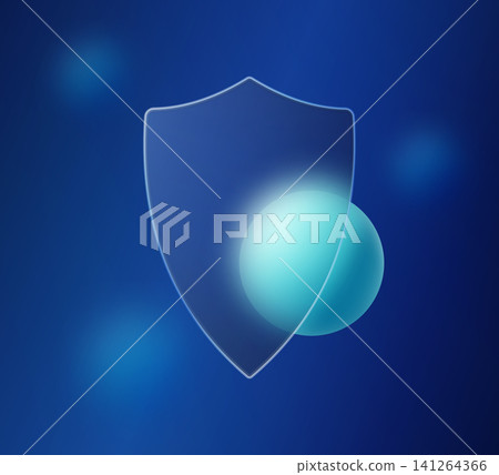 Abstract cyber security vector concept featuring a frosted glass shield icon with realistic blur effect and neon turquoise 3d sphere. Abstract cyber security vector concept featuring a frosted glass shield icon with realistic blur effect and neon turquoise 3d sphere. 141264366