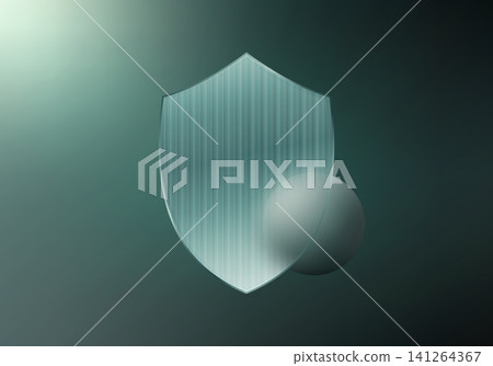 Glass shield with frosted glass texture and sphere on dark green background. Cyber security, data protection and privacy concept Glass shield with frosted glass texture and sphere on dark green background. Cyber security, data protection and privacy concept 141264367