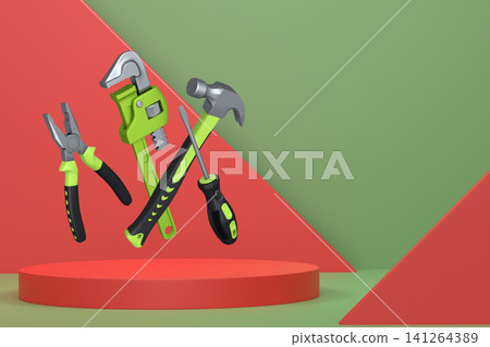 Construction tools and safety equipment floating over podium on abstract background, industrial work and protection concept Construction tools and safety equipment floating over podium on abstract background, industrial work and protection concept 141264389