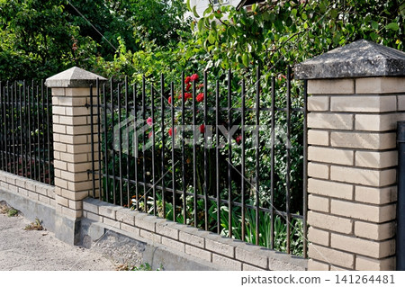 Decorative black wrought iron fence with brick columns and red rose garden Decorative black wrought iron fence with brick columns and red rose garden 141264481