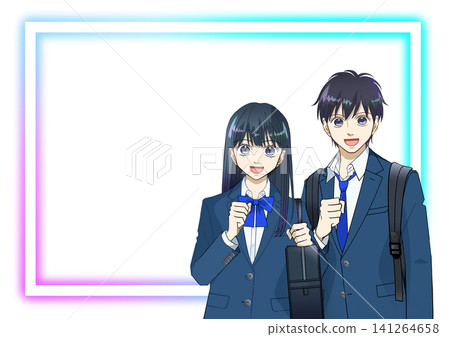Anime-style illustration of smiling high school or junior high school students with backpacks and school bags, white background Anime-style illustration of smiling high school or junior high school students with backpacks and school bags, white background 141264658