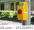 Pedestrian crossing push button on traffic signal pole in urban street. 141264665